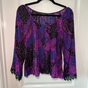 Express Women’s Small Black & Purple Paisley Peasant Top Lace Detailed Sleeves
